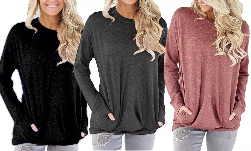 Women's Solid Long-Sleeve Shirt with Pockets - Primary Image