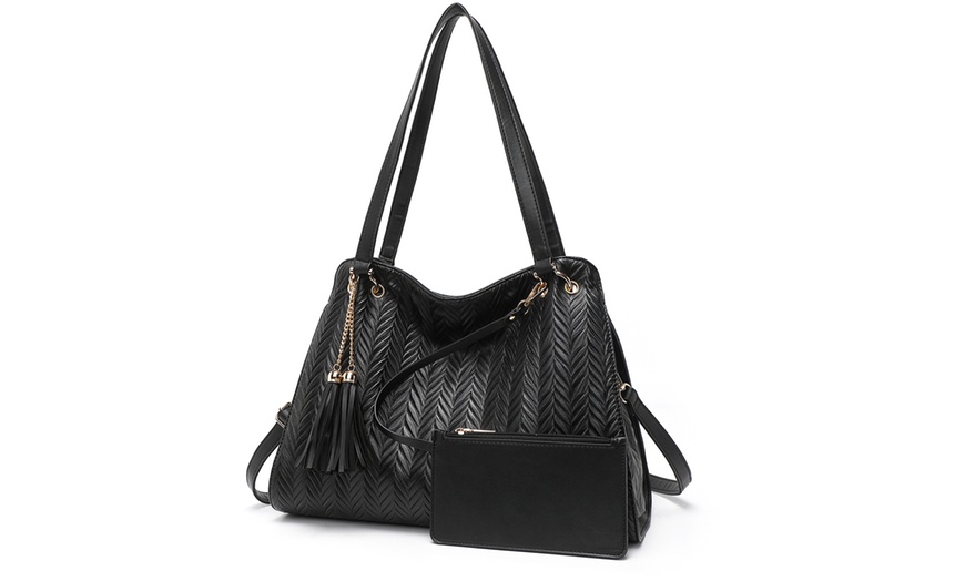 Image 2: Chic Embossed Tote With Tassel Detail and Card Pouch
