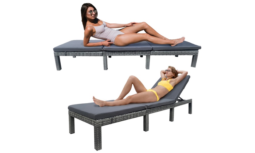 Image 8: Grey Rattan-Effect Adjustable Sun Lounger with Cushion