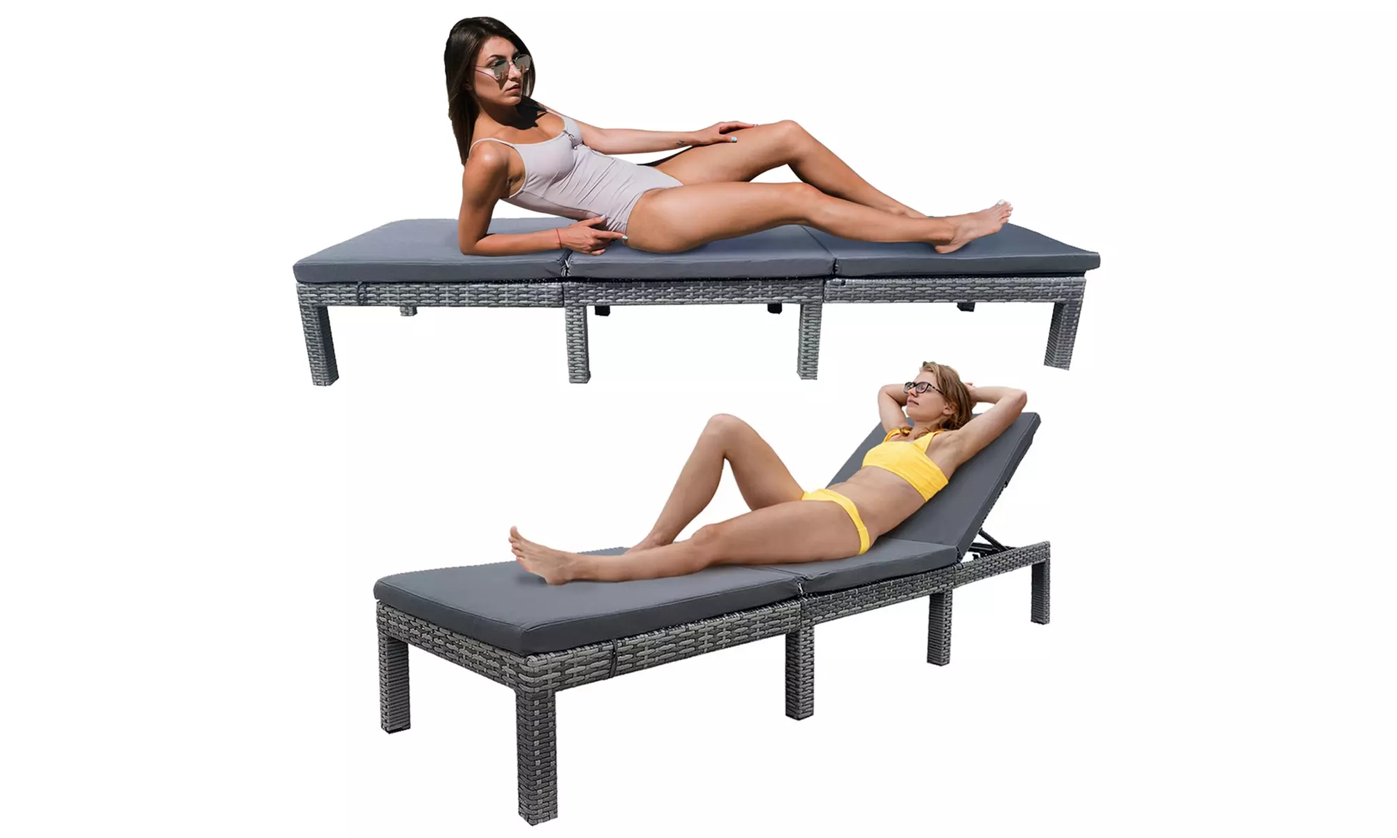 Grey Rattan-Effect Adjustable Sun Lounger with Cushion