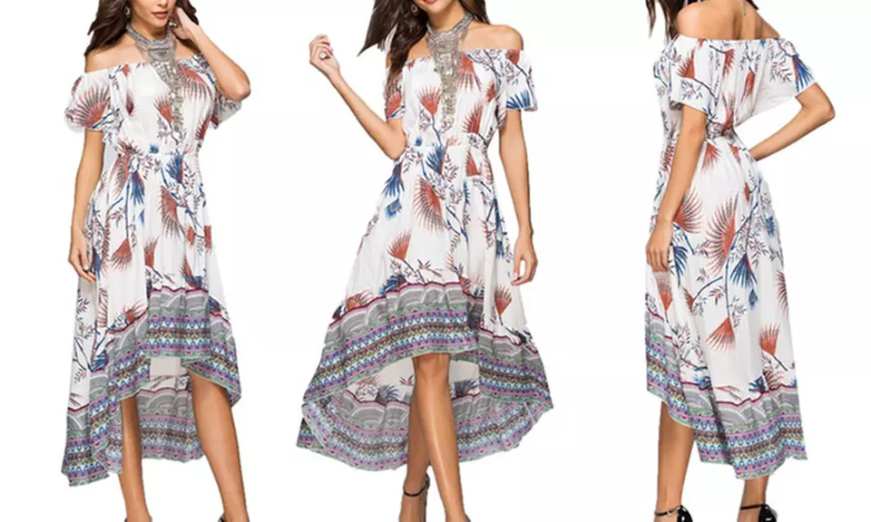 Leo Rosi Women's Olivia Off Shoulder Printed Ruffle Dress with High-Low Hem. Plus Sizes Available. - Second Medium