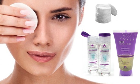 Kit con 80 dischetti struccanti, 1 Acqua Micellare da 200 ml e 1 Gel Micellare da 100 ml Setablu