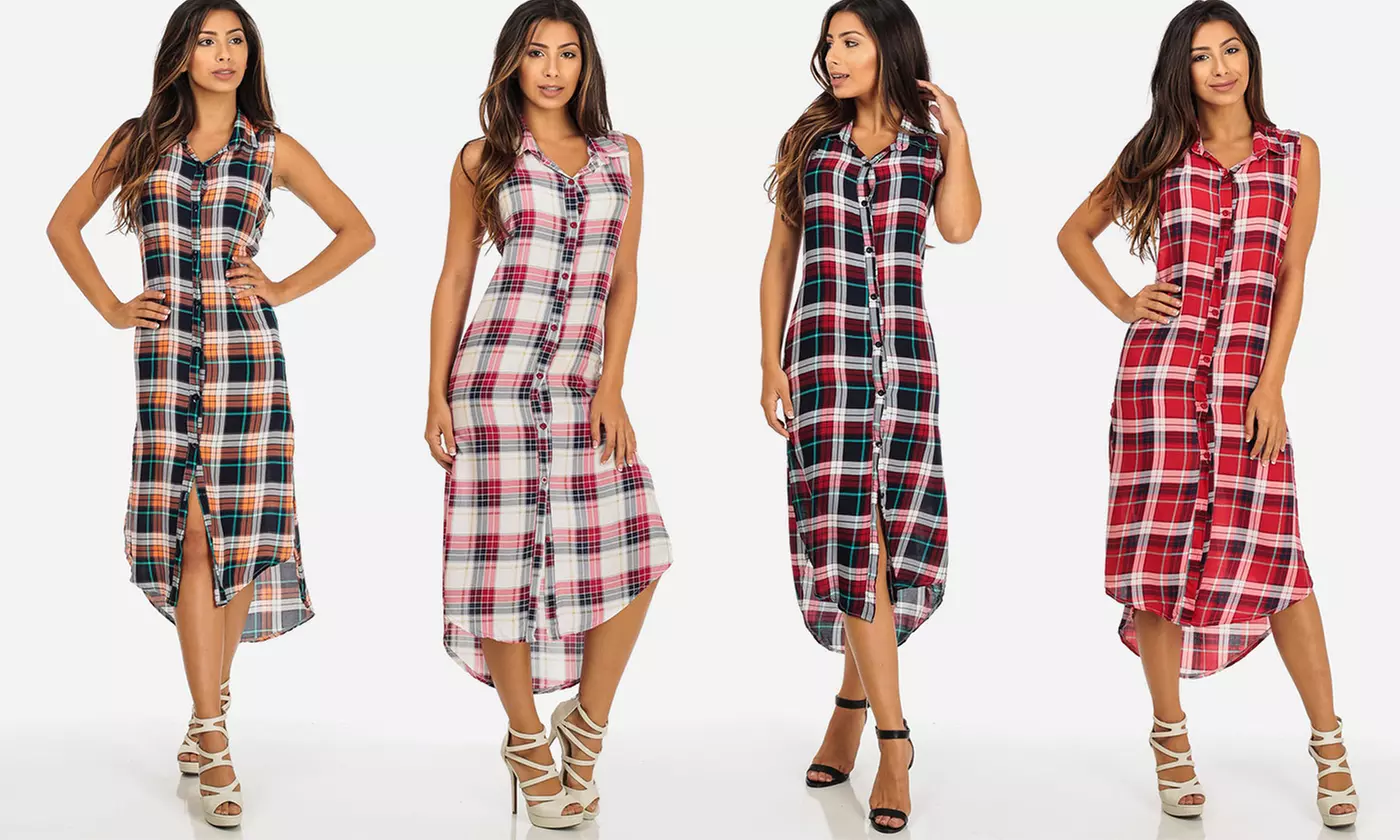 Juniors' Sleeveless Button-Up Plaid Dress - Primary Image