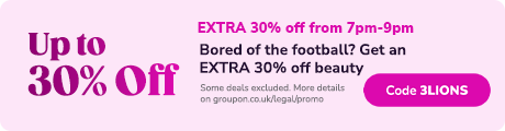 EXTRA 30% off from 7pm-9pm Upto Bored of the football? Get an 30% Off fffi.i:::f;"" ongrupon mukdzalbroms 