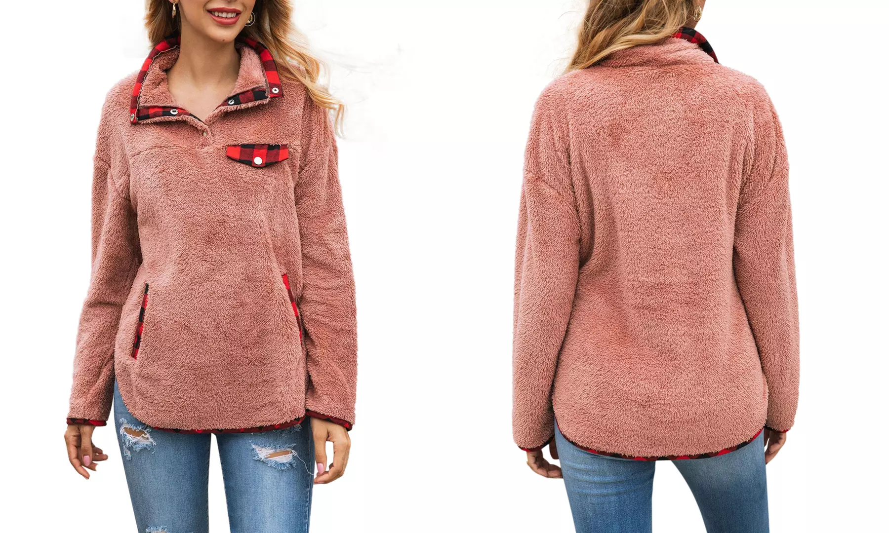 Lilly Posh Women's Plush Fleece Pullover with Buffalo Check Accents - Second Medium