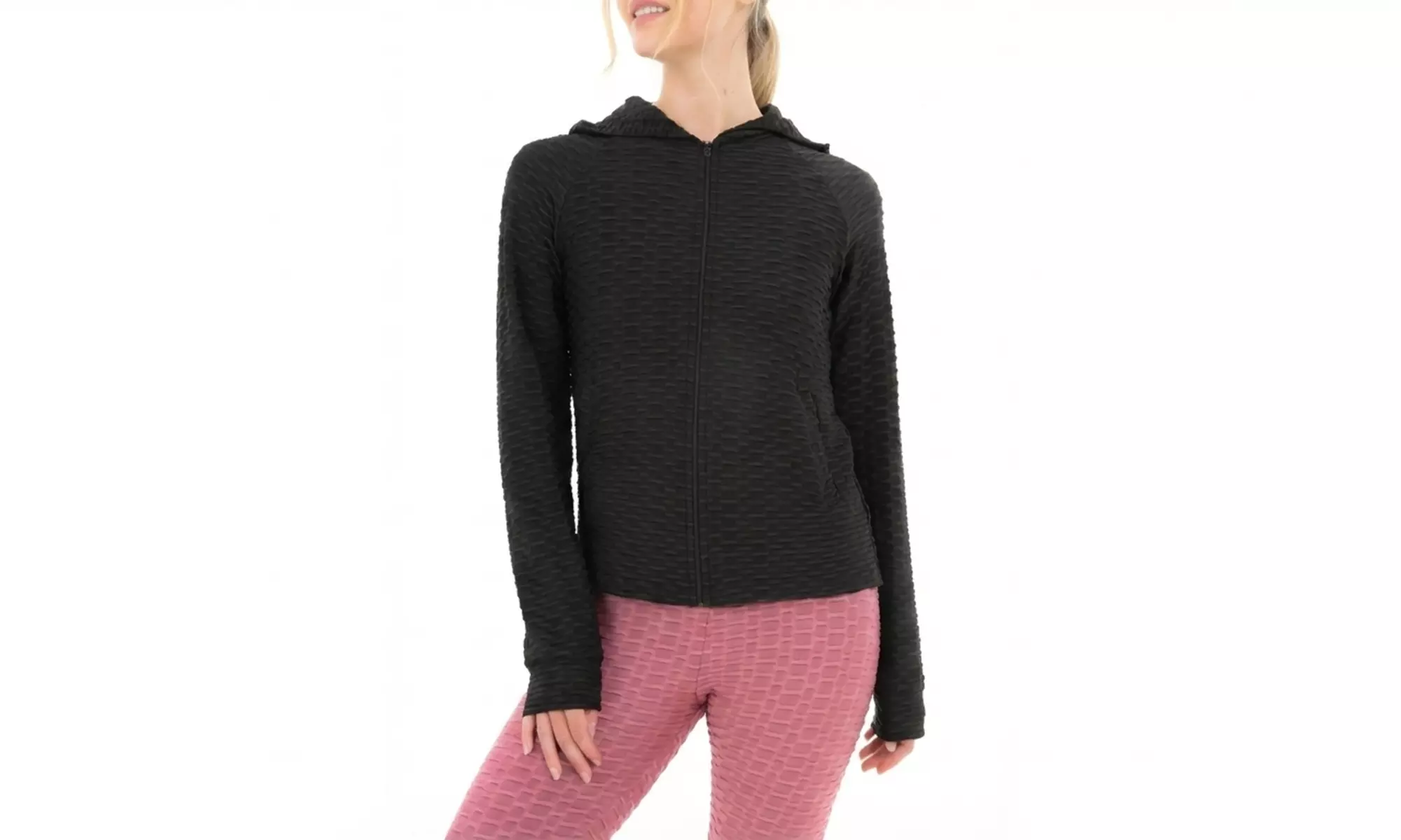 Honeycomb Texture Zip-Up Jacket with Elasticated Waist