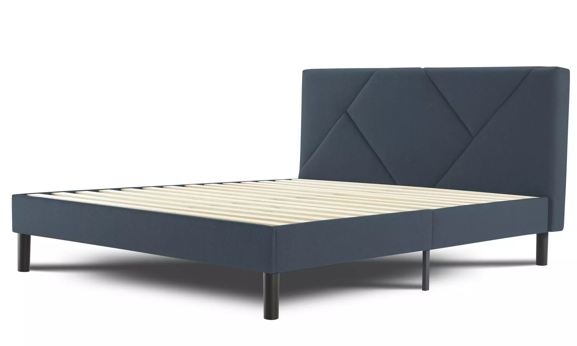 Letto imbottito in tessuto con doghe in legno e vano contenitore