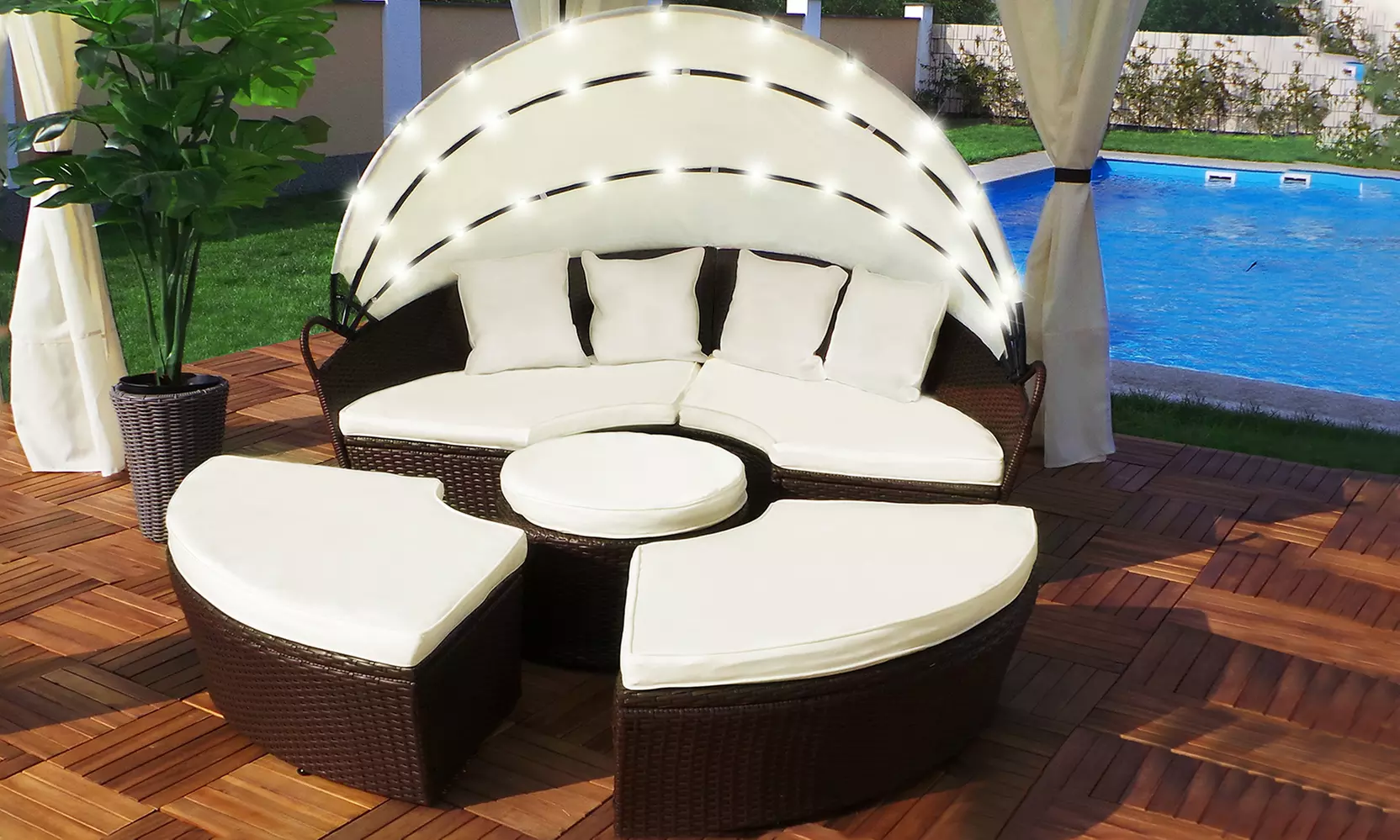 Rotan eiland tuinmeubelset met parasol in kleur naar keuze