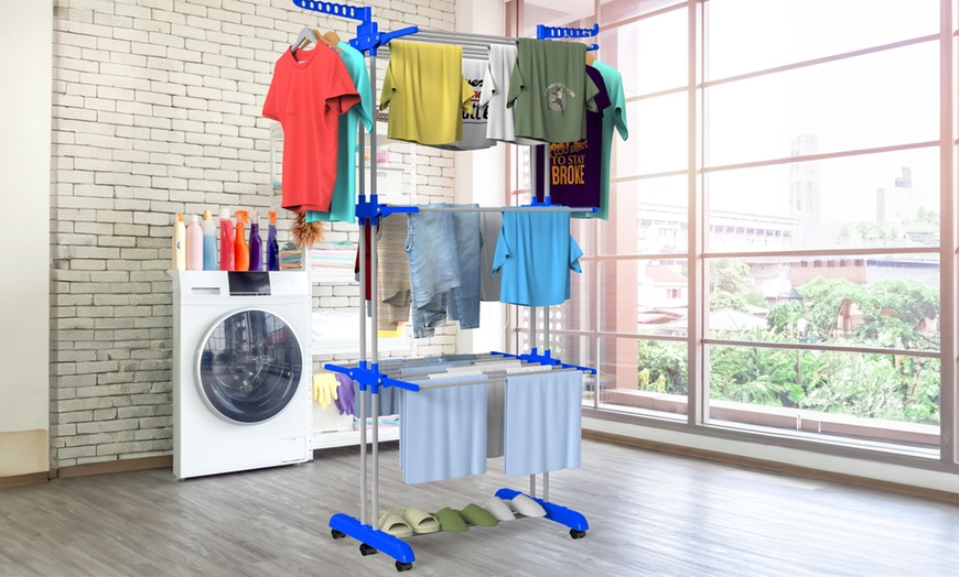 Image 1: Four-Tier Collapsible Large Space Stainless Steel Clothes Drying Rack 