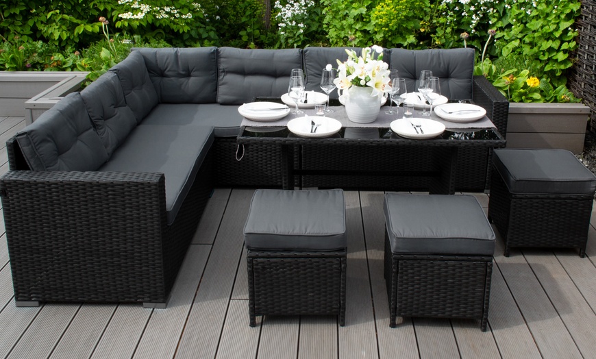 Image 3: Rattan Effect 9 Seater Corner Sofa with 3 Stools and Glass-Top Table