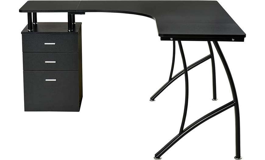 Image 3: HomCom L-Shaped Computer Desk Table with Storage Drawer
