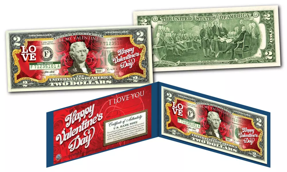 Valentine's Day-Themed Genuine U.S. Two-Dollar Bill - Primary Image