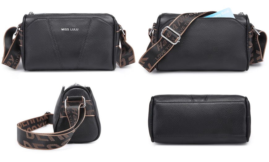 Image 7: Miss Lulu Wide Strap Leather Crossbody Bag