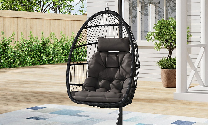 Image 30: Black Outdoor Hanging Egg Chair with Cushion