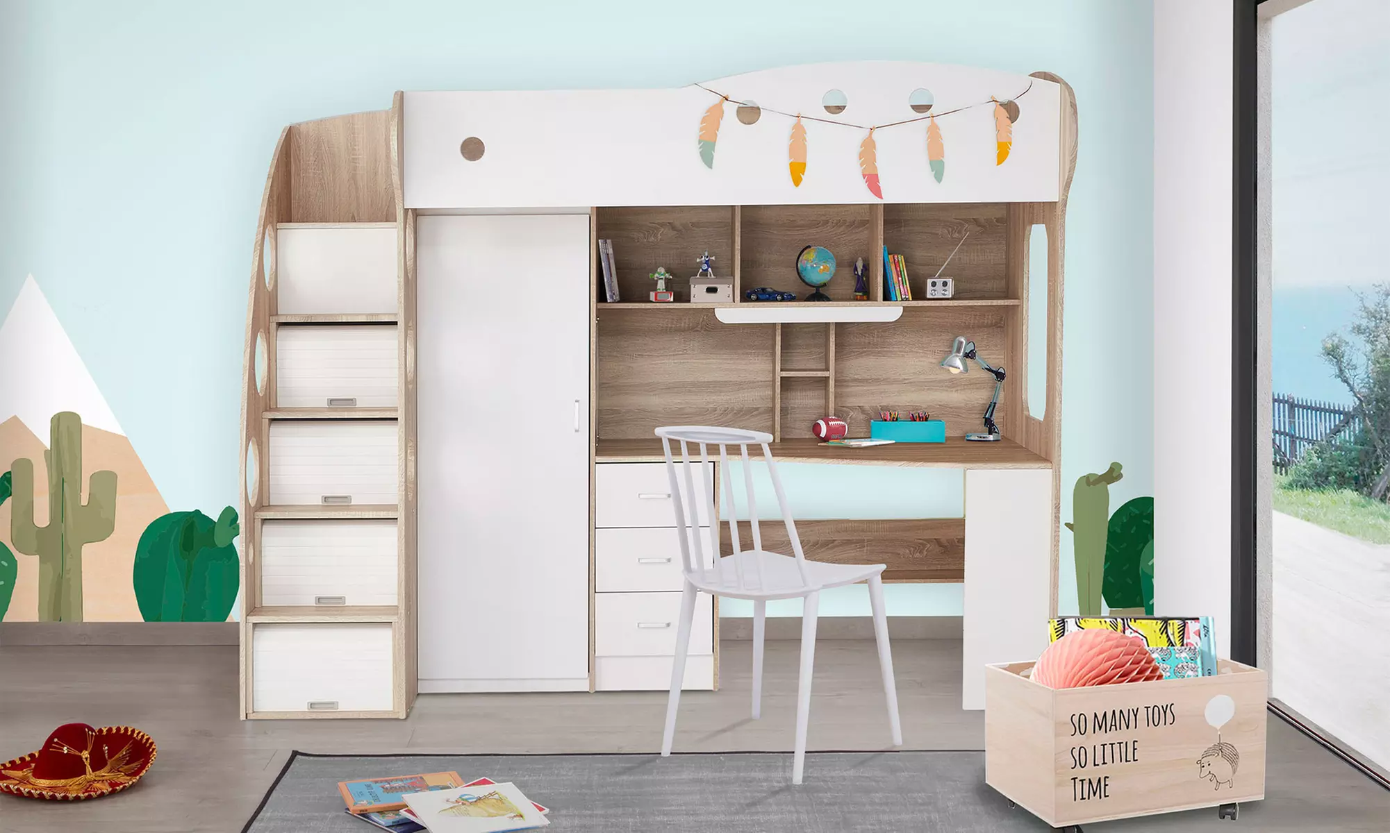 Lit mezzanine combiné Kiddy pour enfant, avec penderie et bureau intégrés, matelas en option. Livraison gratuite - Primary Image