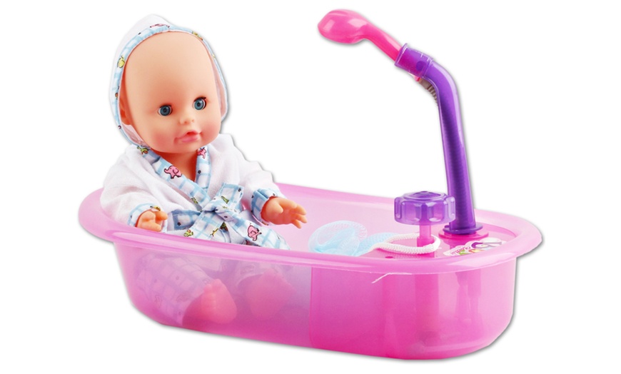 Image 6: 13'' Bath Time Baby Play Set with Working Shower Spray and Accessories