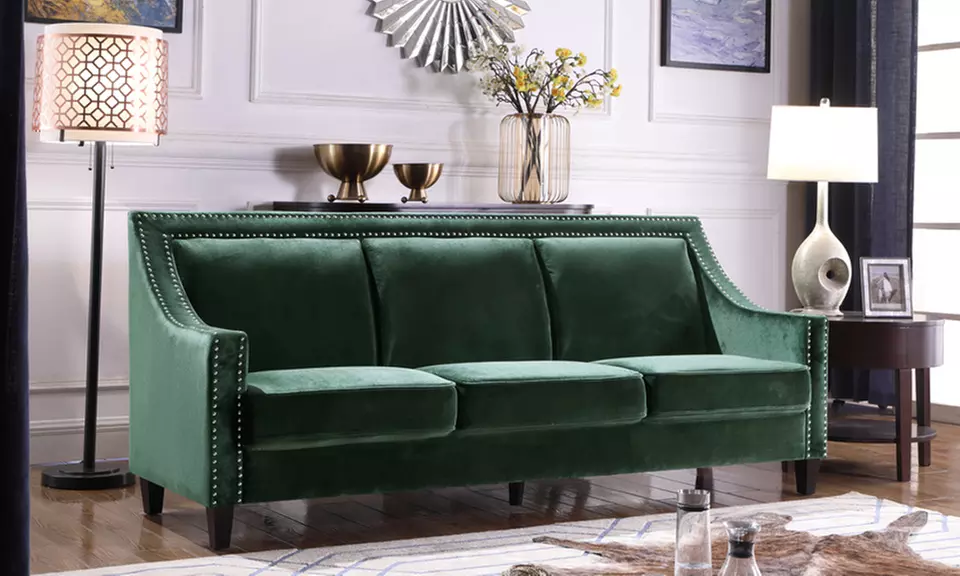 Camero Velvet-Upholstered Swoop-Arm Sofa with Silver Nailhead Trim - Primary Image