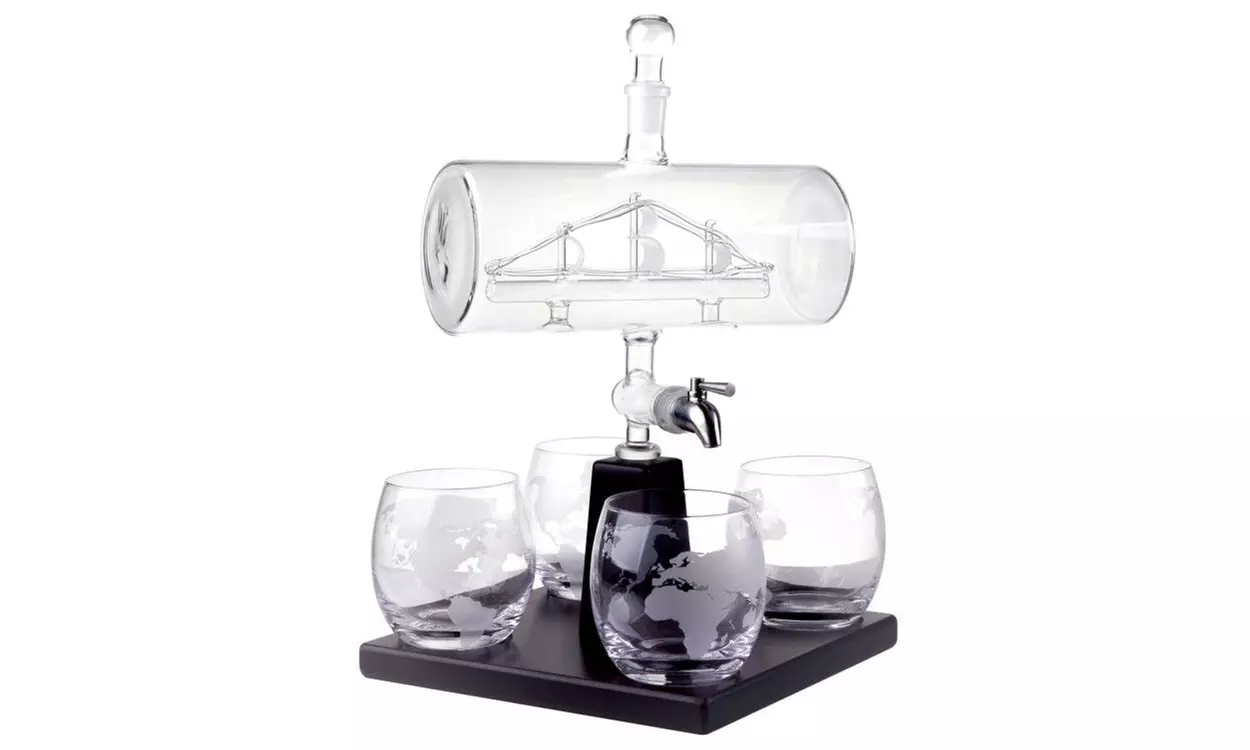 Sailing Ship Decanter Set with Dispenser and 4 Whiskey Glasses - Second Medium