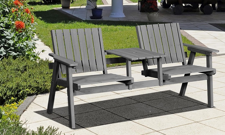 Image 16: Outsunny 2-Seater Wooden Bench with Centre Table