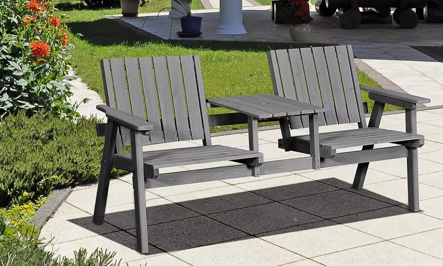 Outsunny 2-Seater Wooden Bench with Centre Table