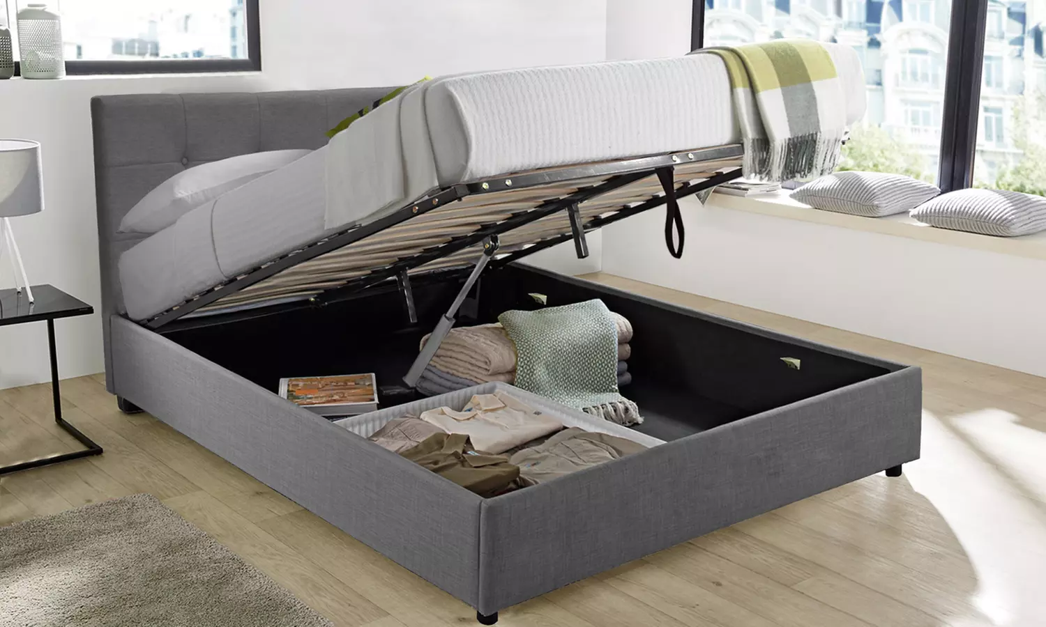 Lit coffre automatique en tissu, assistance électronique, moteur et télécommande inclus, matelas en option, Sampur - Primary Image