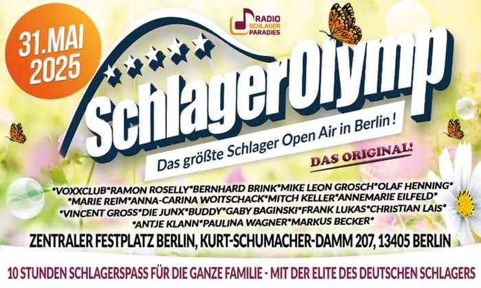 Bis zu 10 Tickets für "SchlagerOlymp 2025" in Berlin am 31. Mai '25 um 13 Uhr: 10 Std. Schlager (bis 44% sparen) - Primary Image