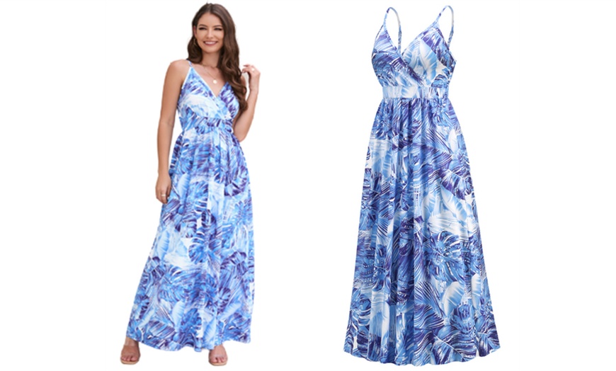 Image 9: Women's Palm Printed V Neck Spaghetti Strap Maxi Dress