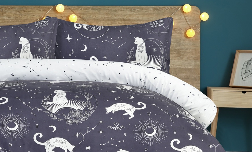 Image 6: Smart Living Reversible Celestial Cats Duvet Cover Set 