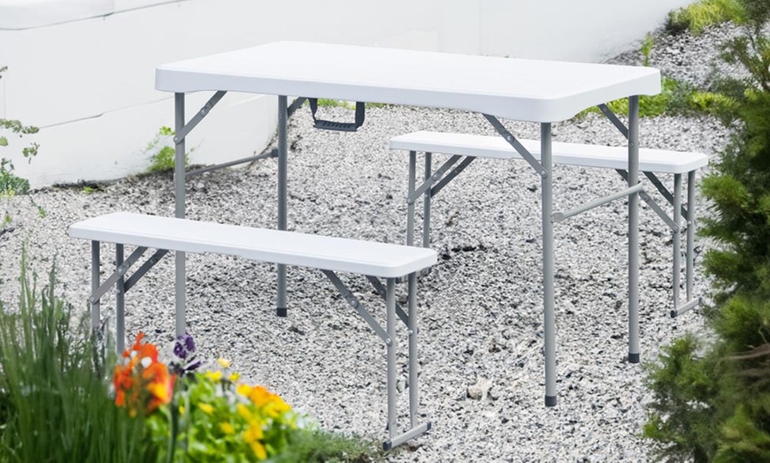 Image 5: Ensemble d'extérieur pliable comprenant une table et 2 bancs 