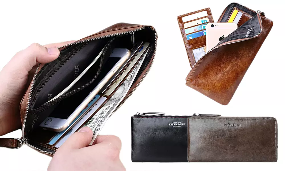 Portefeuille en similicuir pour homme zippé et poche pour téléphone - Primary Image