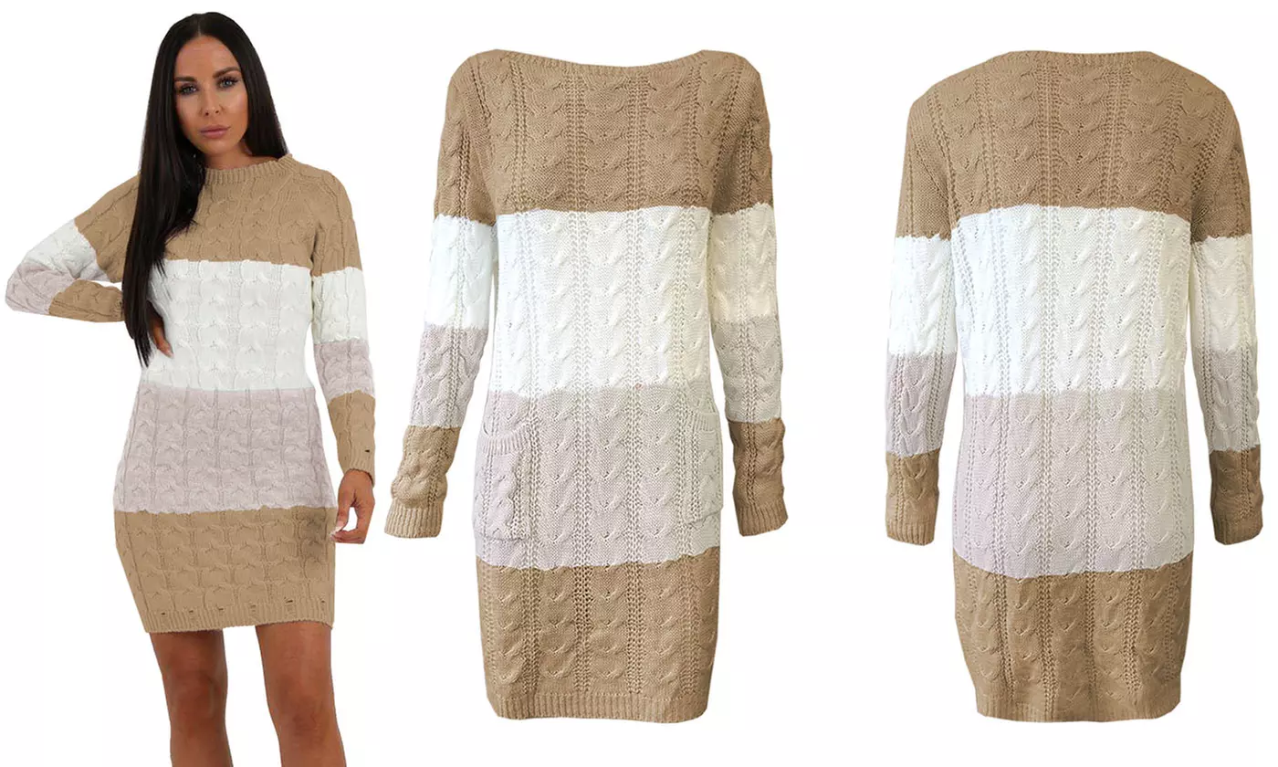 Block Striped Cable Knit Pocket Jumper Dress