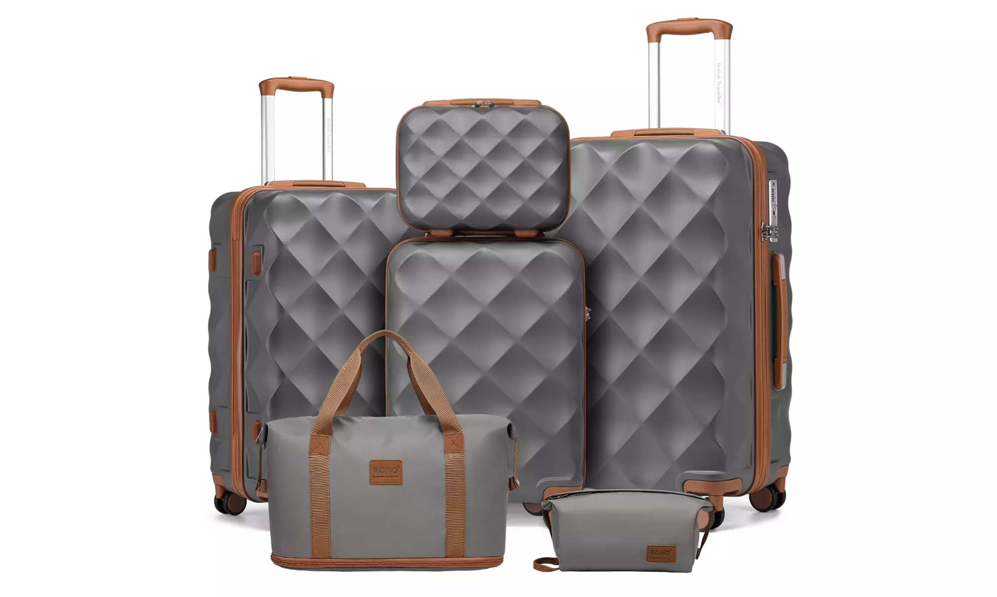 Set van 1, 2 of 4 grijze koffers met reistas en toilettas