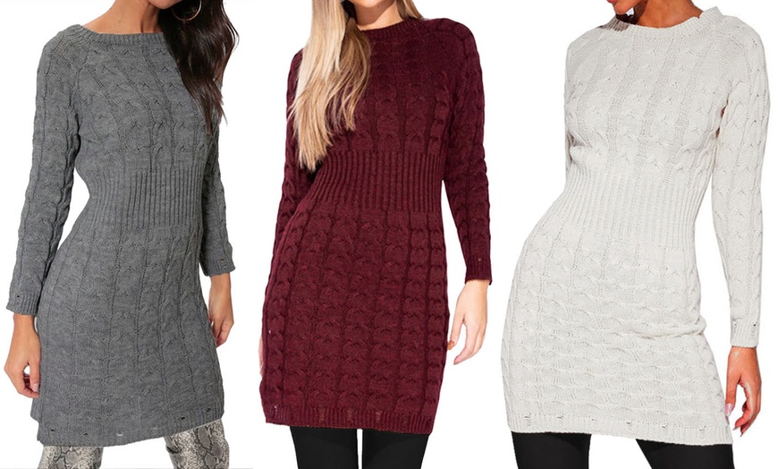 Image 2: Cable Knit Jumper Ribbed Waist Dress