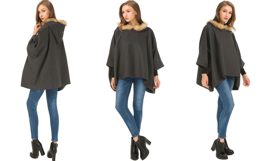 Image 2: Faux Fur Trim Hooded Cape 