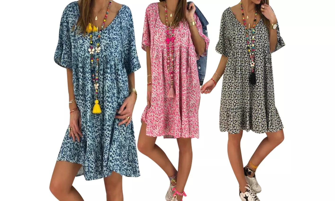 Robe midi imprimée à coupe ample et col V, différentes tailles disponibles - Primary Image