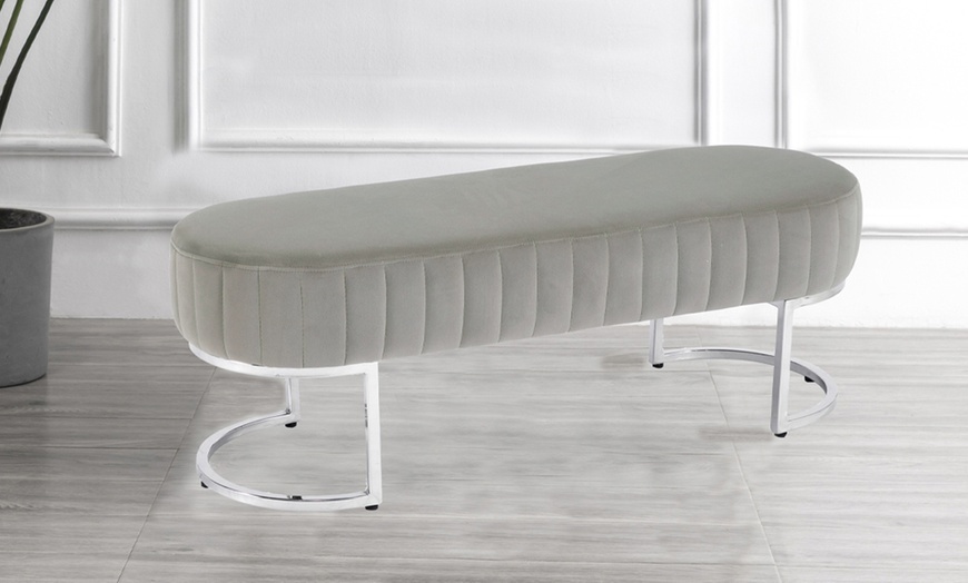 Image 3: Fabric Velvet Bench in Grey Stool with Silver Effect Legs Frame 