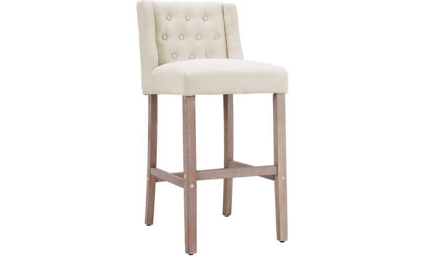 Image 2: Set of Two Rustic Bar Stools Linen Tufted with Wood Legs