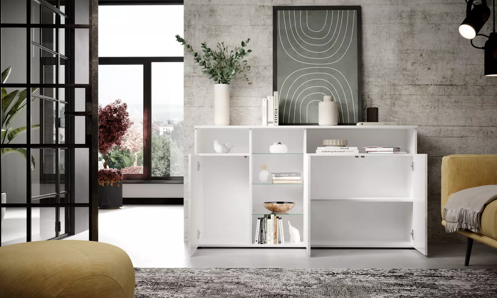 Aparador con acabado brillante, estantes de vidrio y luces led