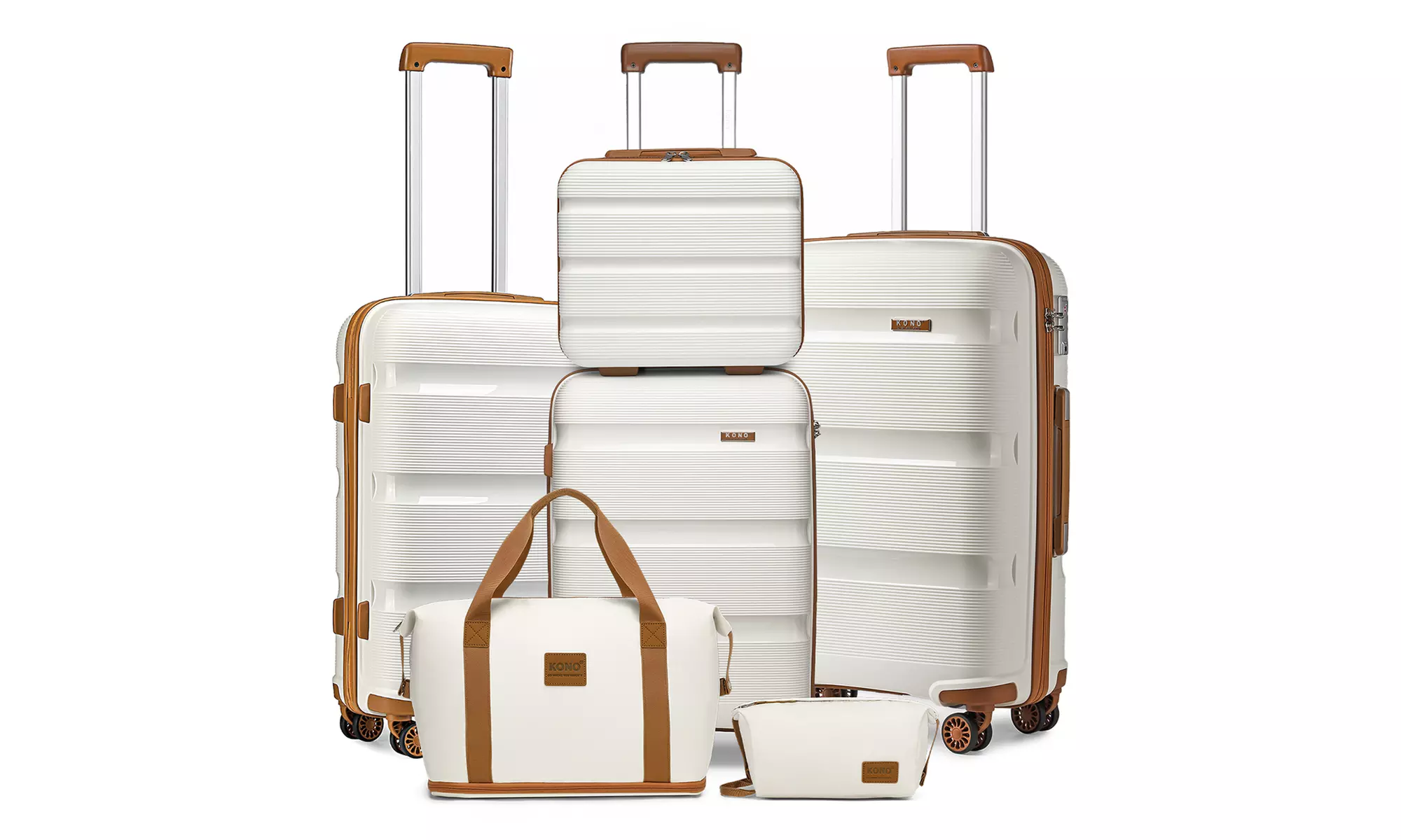 Conjunto de viaje en color blanco crema con hasta 4 maletas rígidas, bolsa de mano y neceser, con envío gratuito - Primary Image