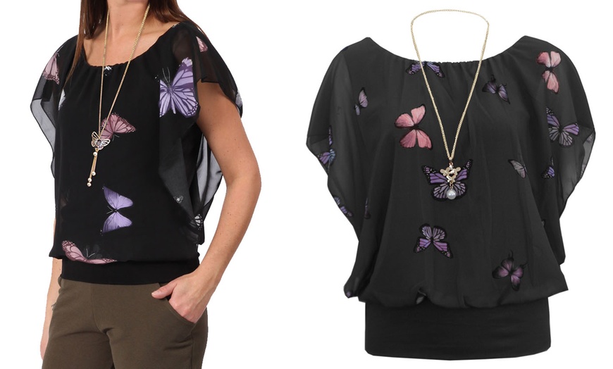 Image 3: Women's Coloured Butterfly Print Ruffle Chiffon Top with Necklace