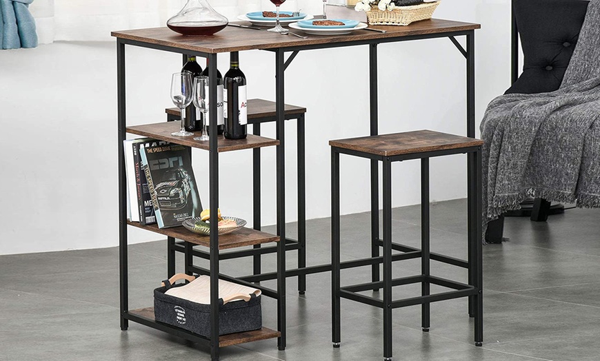 Image 2: Homcom Breakfast Bar Table Set with Adjustable Feet and Two Stools