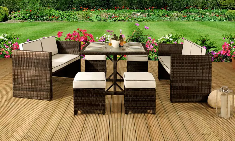 Seven-Piece Sofa and Stools Cube Rattan-Effect Set