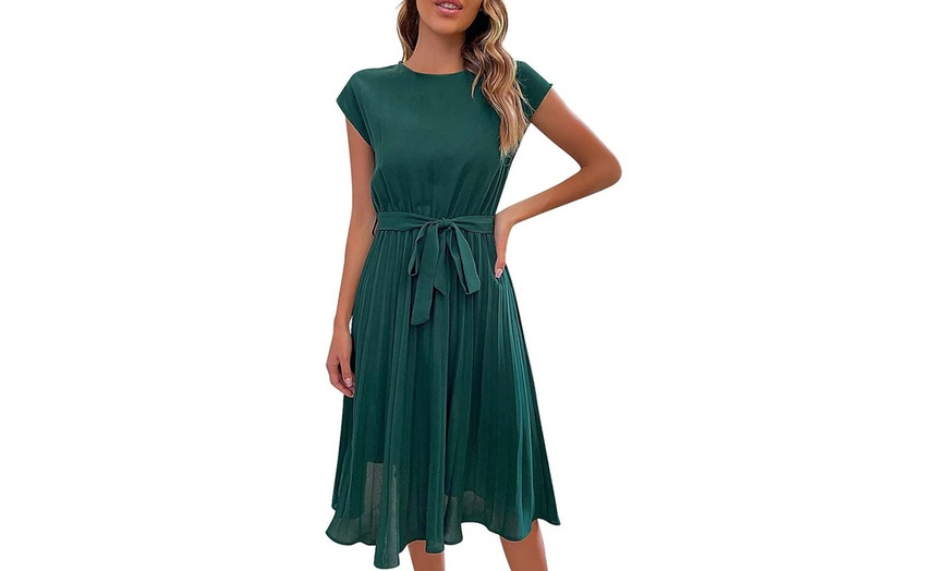 Image 8: Crew Neck Tie Solid Pleated Dress