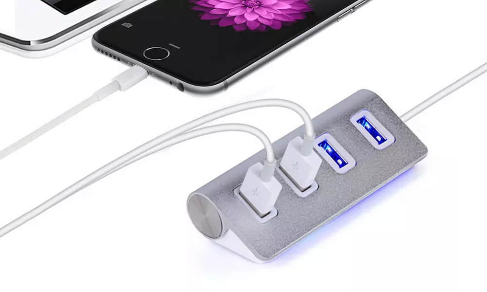 Hub USB en aluminium à 4 ports avec ou sans câble USB tressé et souris sans fil mince - Primary Image