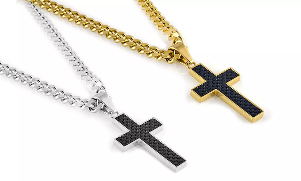Stainless Steel Carbon Fiber Inlay Cross Necklace in 18K Gold or Sterling Silver Plating - Primary Image