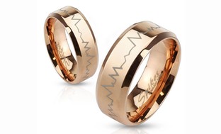 Stainless Steel Laser Etched Heartbeat Band Ring in Rose Gold Plating