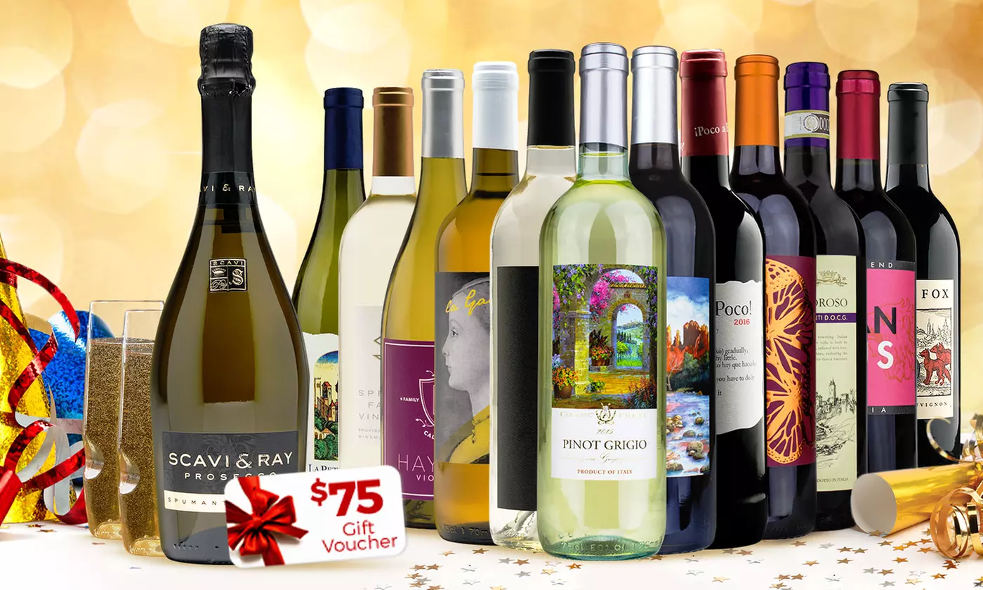 12 Bottles of Premium Wine Plus Sparkling Wine, Two govino Flutes, and a $75 e-Voucher from Heartwood & Oak - Primary Image