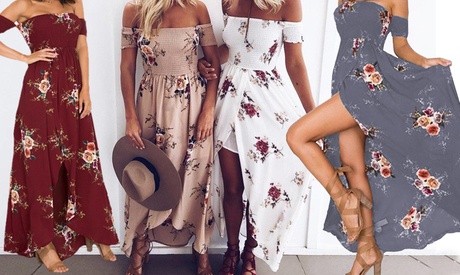 Robe longue fleurie à épaules dénudées