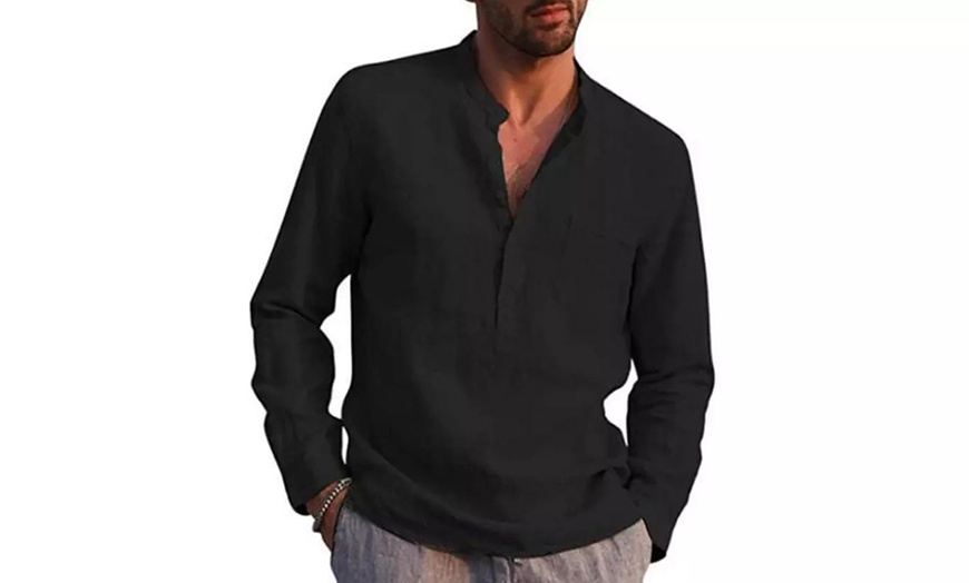 Image 6: Men's Long-Sleeved V-Neck Casual Linen Shirt