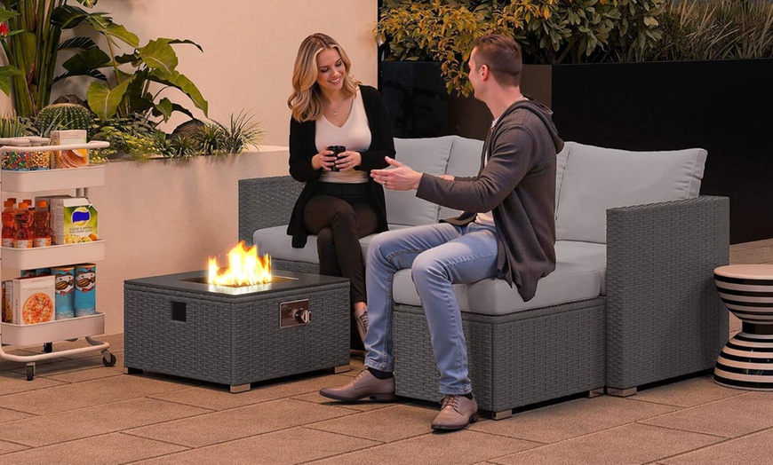 Image 1: Outsunny Five-Piece Rattan-Effect Furniture Set with Fire Pit Table